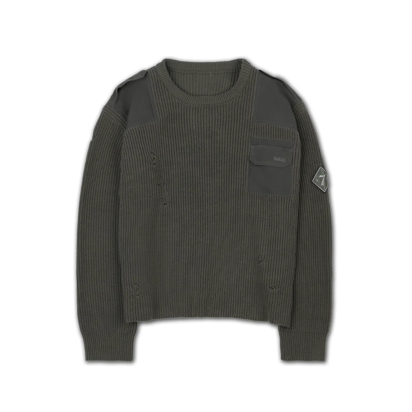 SOD Online Store Men's Army Green Distressed Knit Sweater with Patches