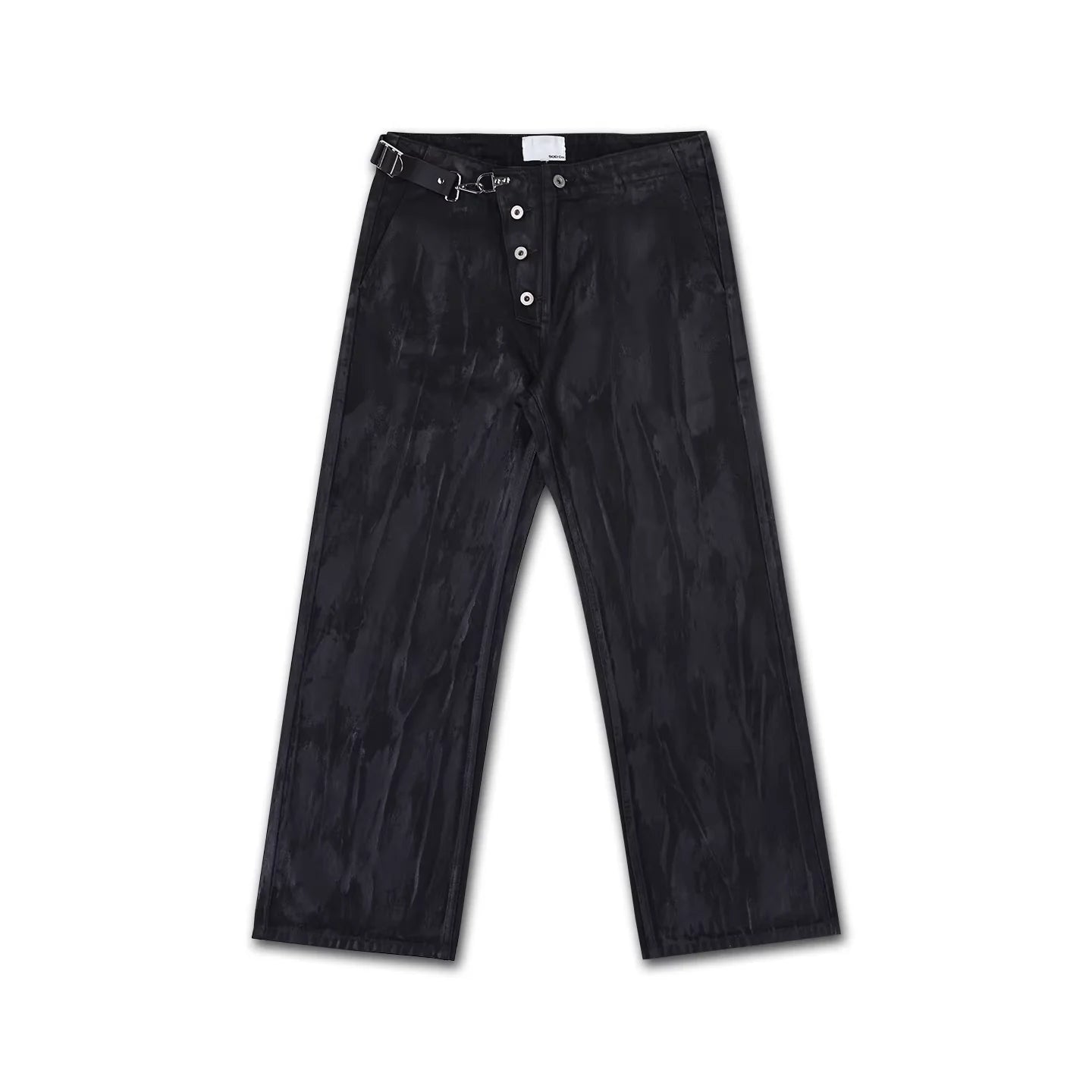 SOD Online Store Men's Black Waxed Denim Pants with Distressed Finish and Leather Button