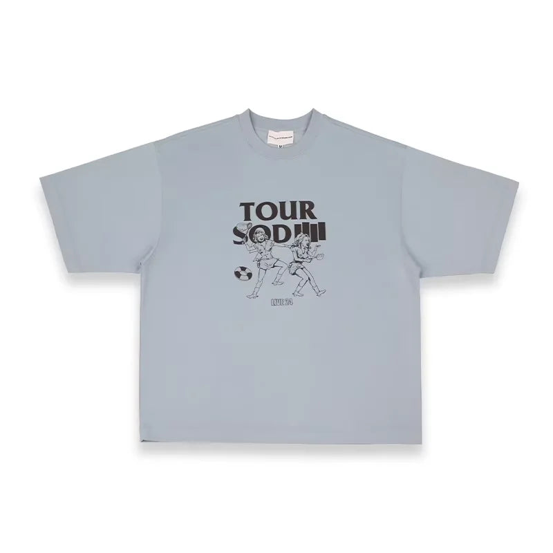 SOD Online Store Oversized Boxy Fit T-Shirt with Tour Print in Gray Blue