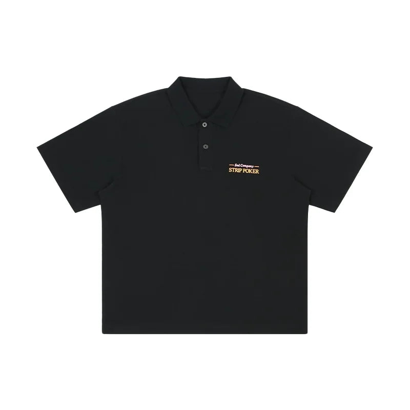 SOD Online Store Black Vintage Cotton Oversized Polo Shirt with Graphic Embroidery
