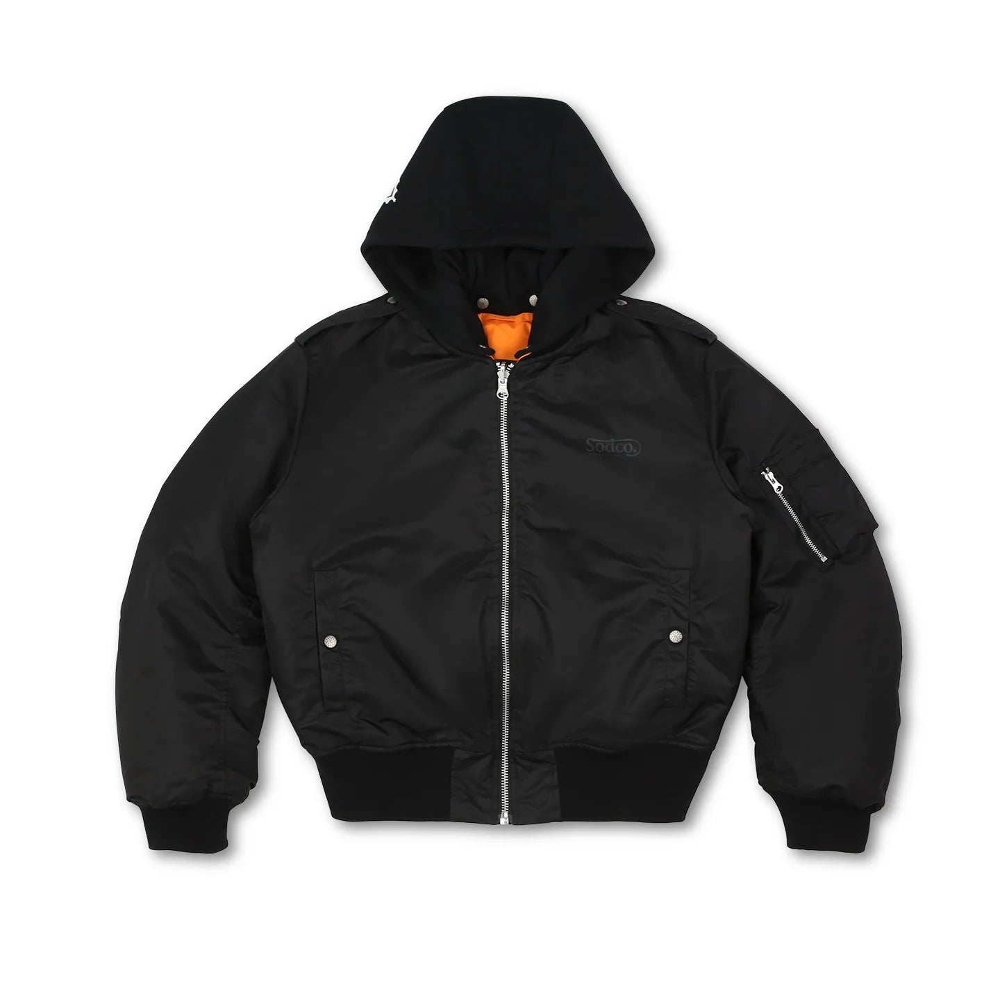 SOD Online Store Men's Black Hooded Bomber Jacket with Orange Lining