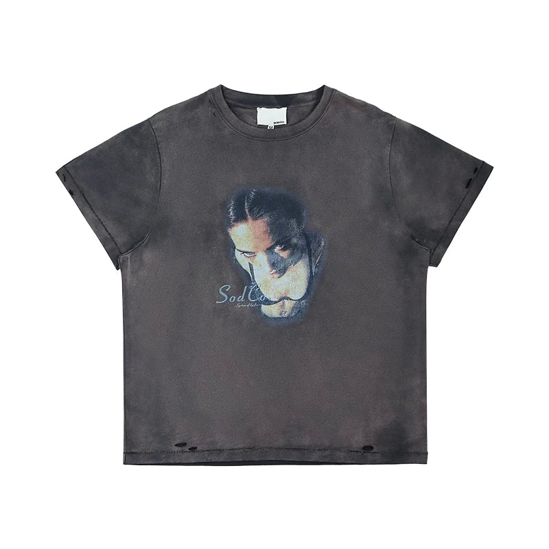SOD Online Store Vintage Washed Distressed T-Shirt with Abstract Portrait Graphic