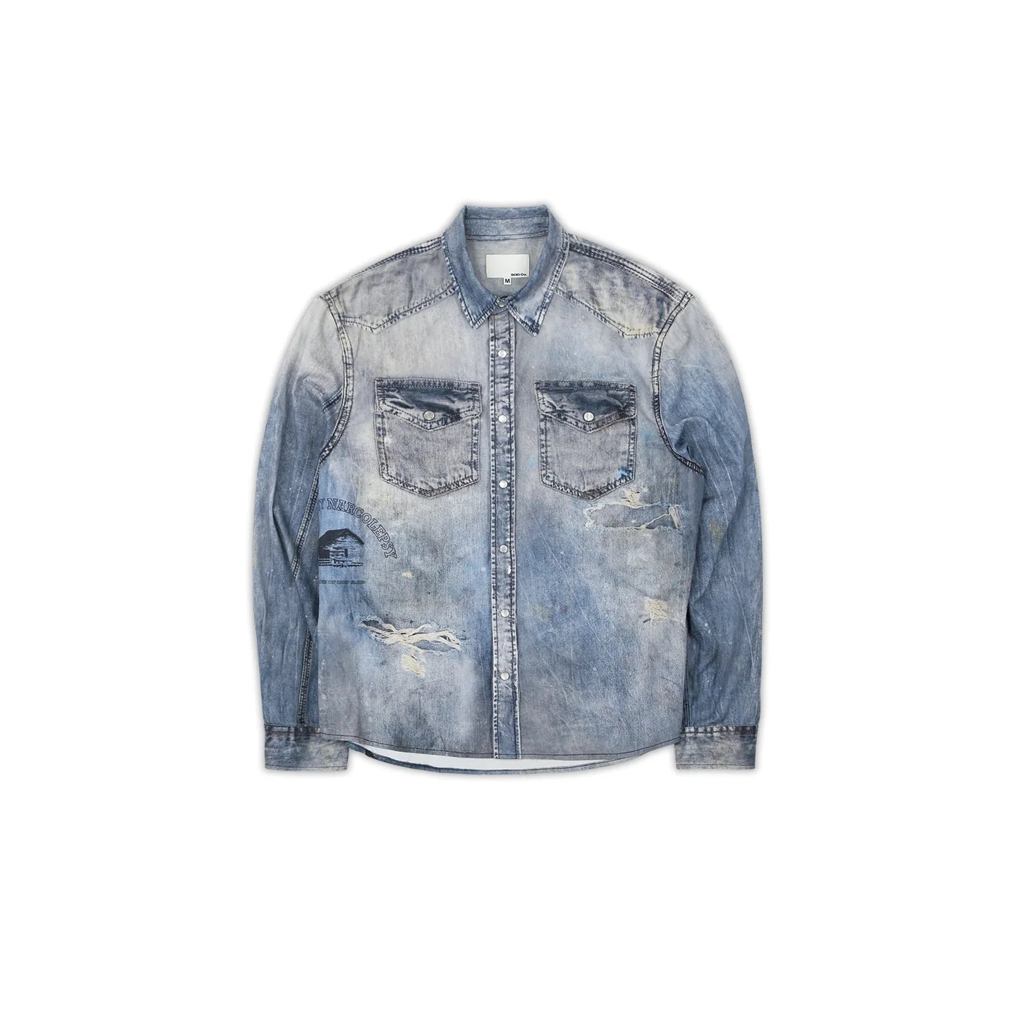 SOD Online Store Men's Blue Distressed Denim Shirt with Digital Print