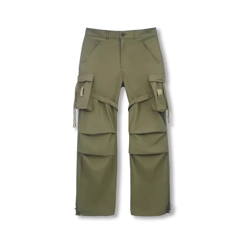 SOD Online Store Men's Army Green Flared Cargo Pants with Detachable Straps