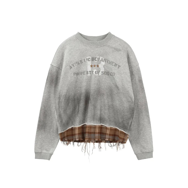 SOD Online Store Oversized Patchwork Sweatshirt with Plaid Layer and Distressed Hem