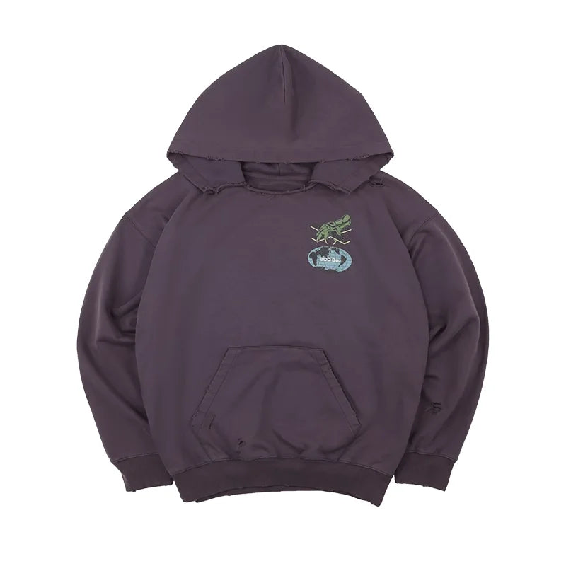 SOD Online Store Men's Oversized Purple Hoodie with Distressed Collar and Graphic Print