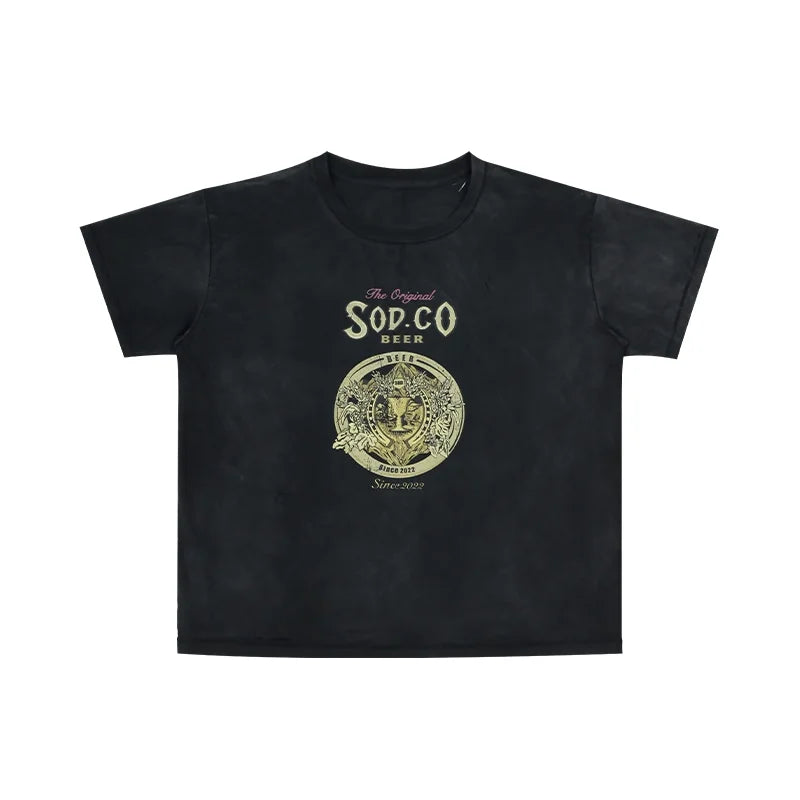 SOD Online Store Vintage Washed Beer Graphic T-Shirt - Crew Neck, Short Sleeve