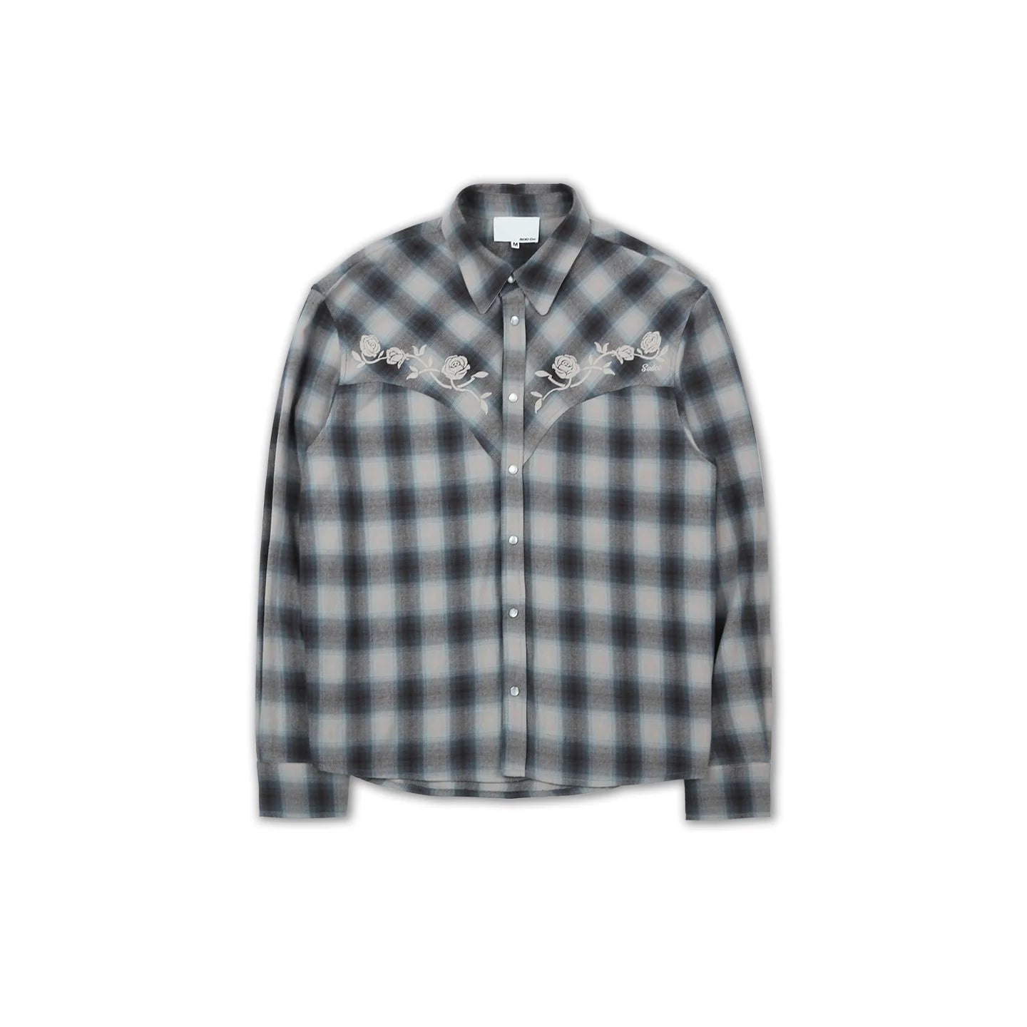 SOD Online Store Men's Blue-Grey Plaid Western Embroidered Cotton Flannel Shirt