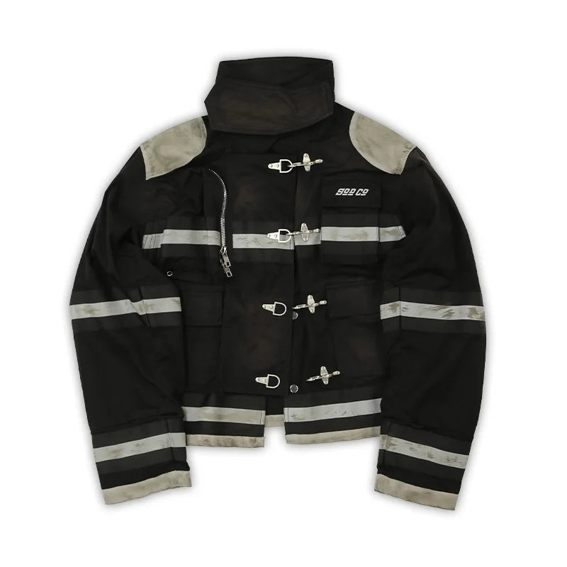 SOD Online Store Black Vintage Firefighter-Inspired Distressed Utility Jacket