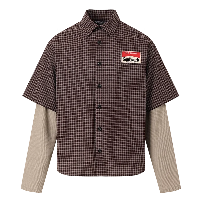 SWFI Far East Embroidered Patch Plaid Shirt with Layered Waffle Knit Sleeves