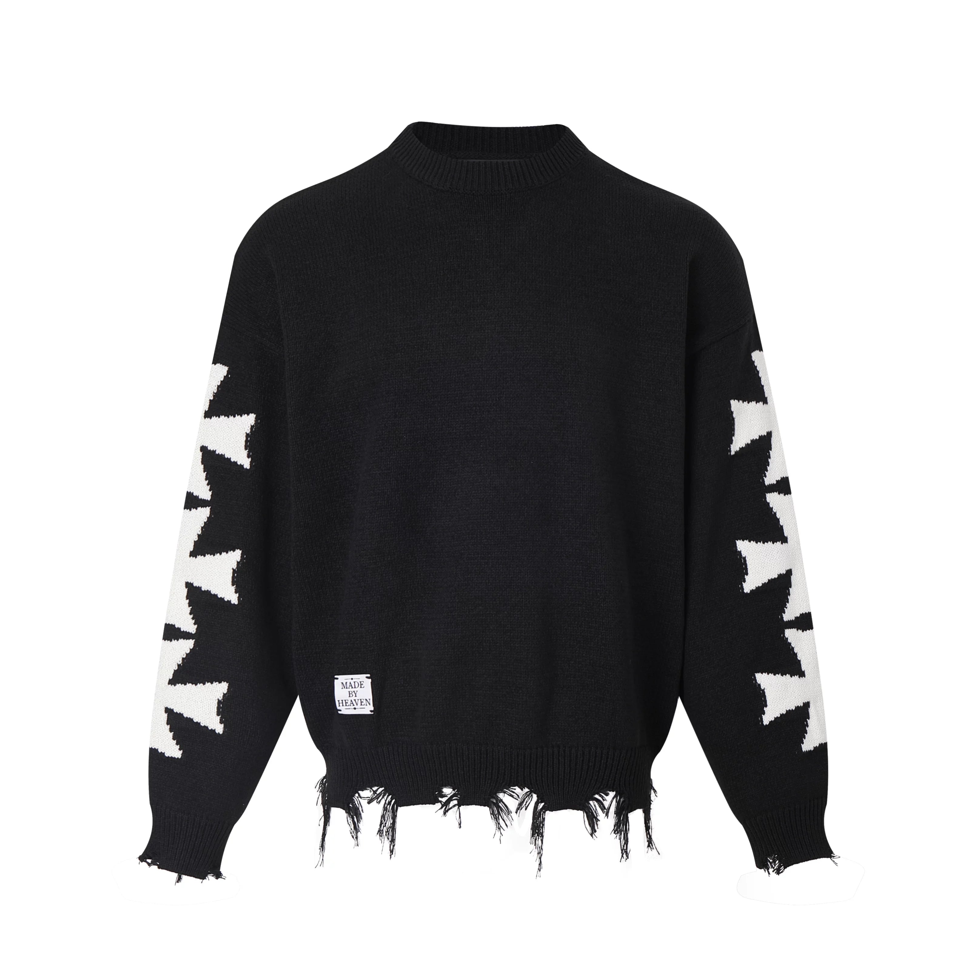 SWFI Far East Fringed Distressed Boxy Fit Cropped Jacquard Sweater