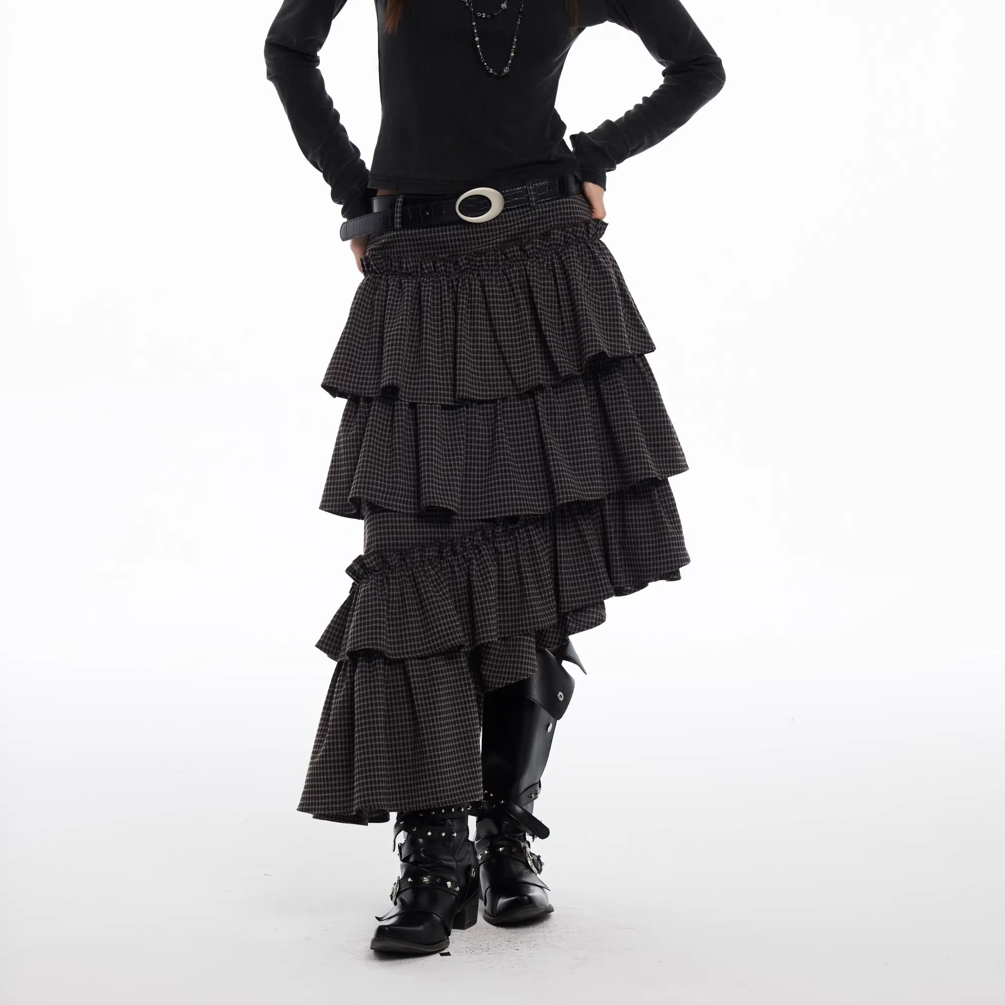 THELIGHT OFFICIAL Retro Plaid High-Low Layered Ruffle Skirt