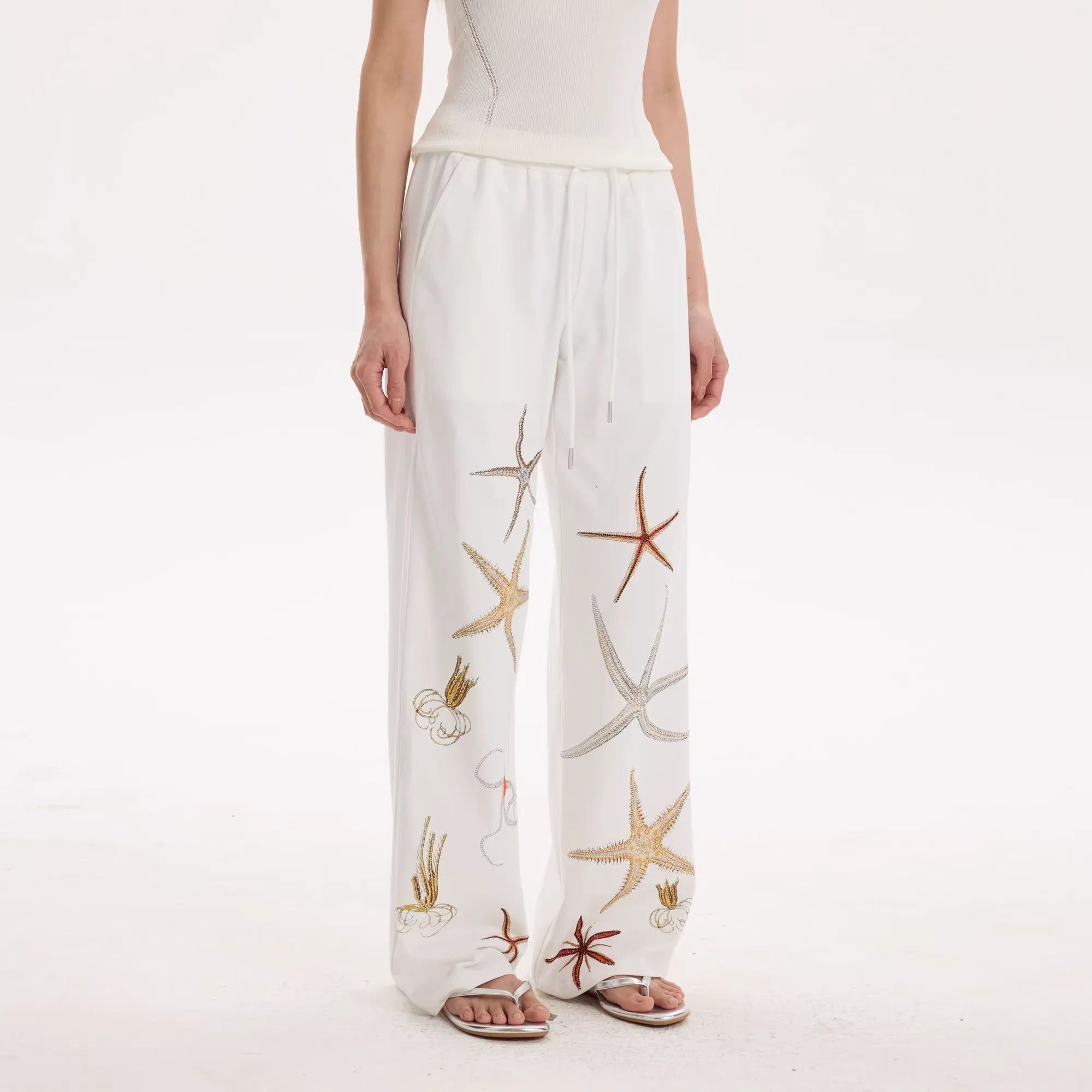 THELIGHT OFFICIAL Women's White Embroidered Wide-Leg Drawstring Pants