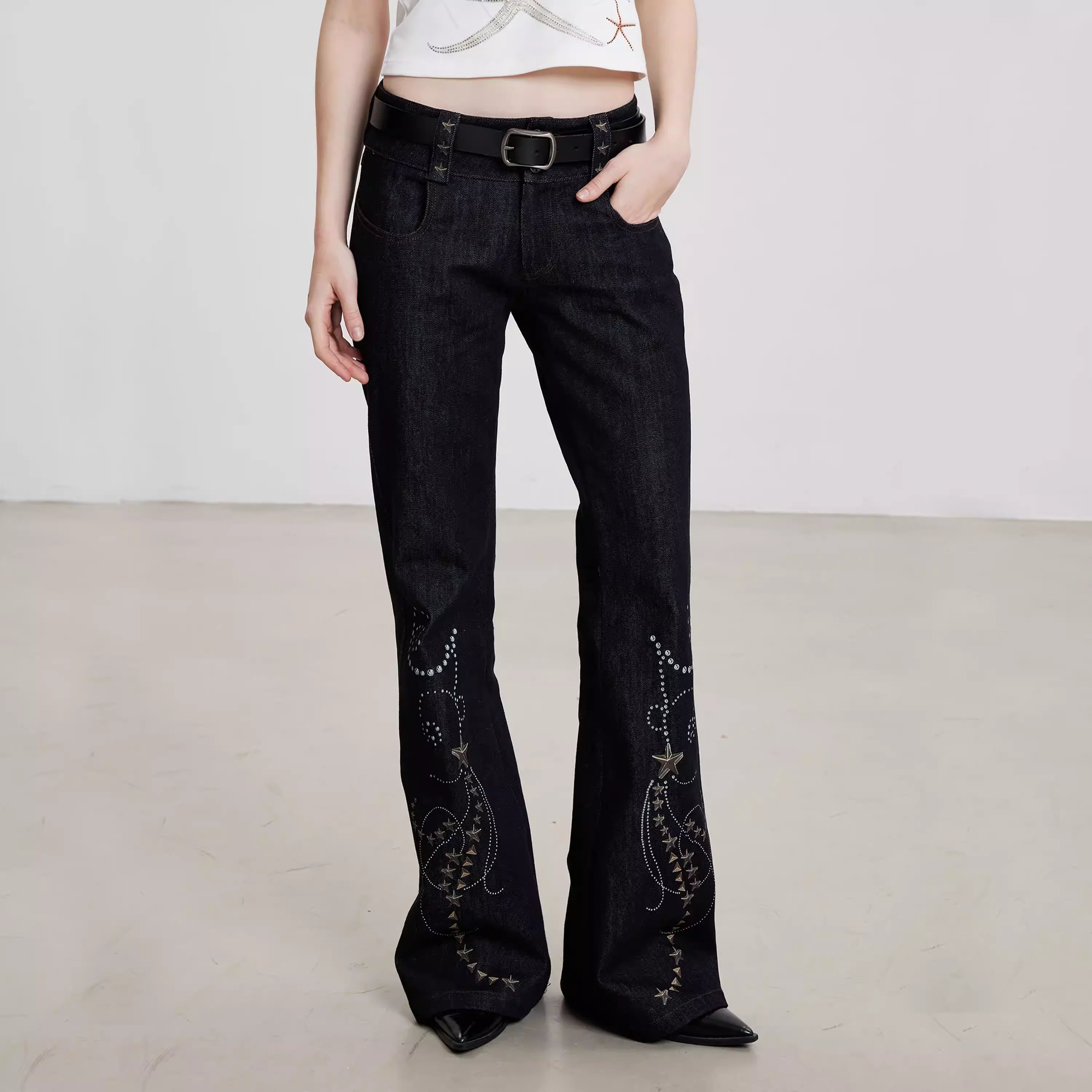 THELIGHT OFFICIAL Women's Slim Flared Raw Denim Jeans with Embellishments