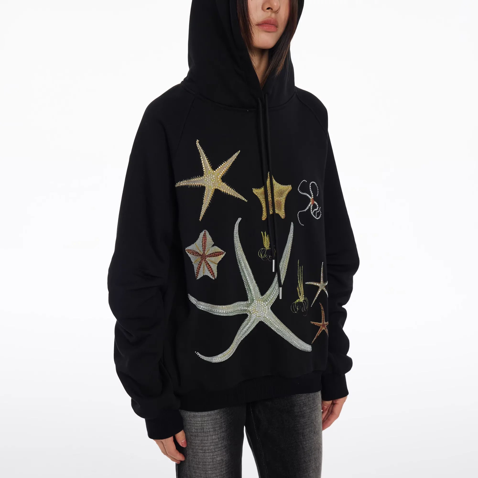 THELIGHT OFFICIAL Fleece-Lined Starfish Embroidered Hooded Sweatshirt - Black