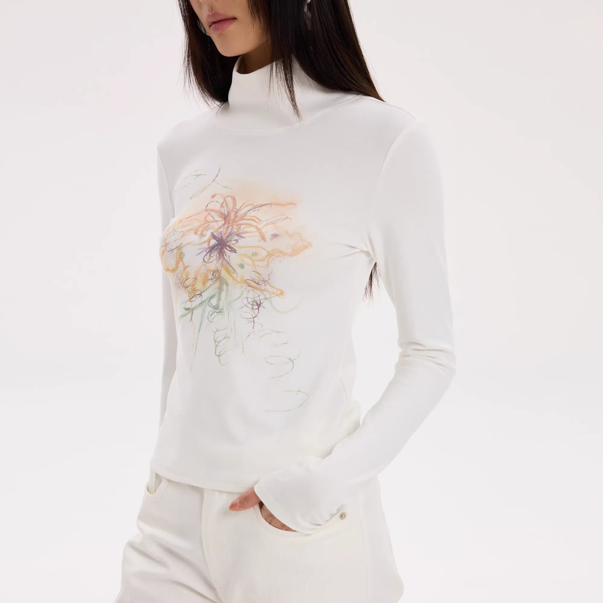 THELIGHT OFFICIAL Women's Abstract Floral Print Long Sleeve Turtleneck Top