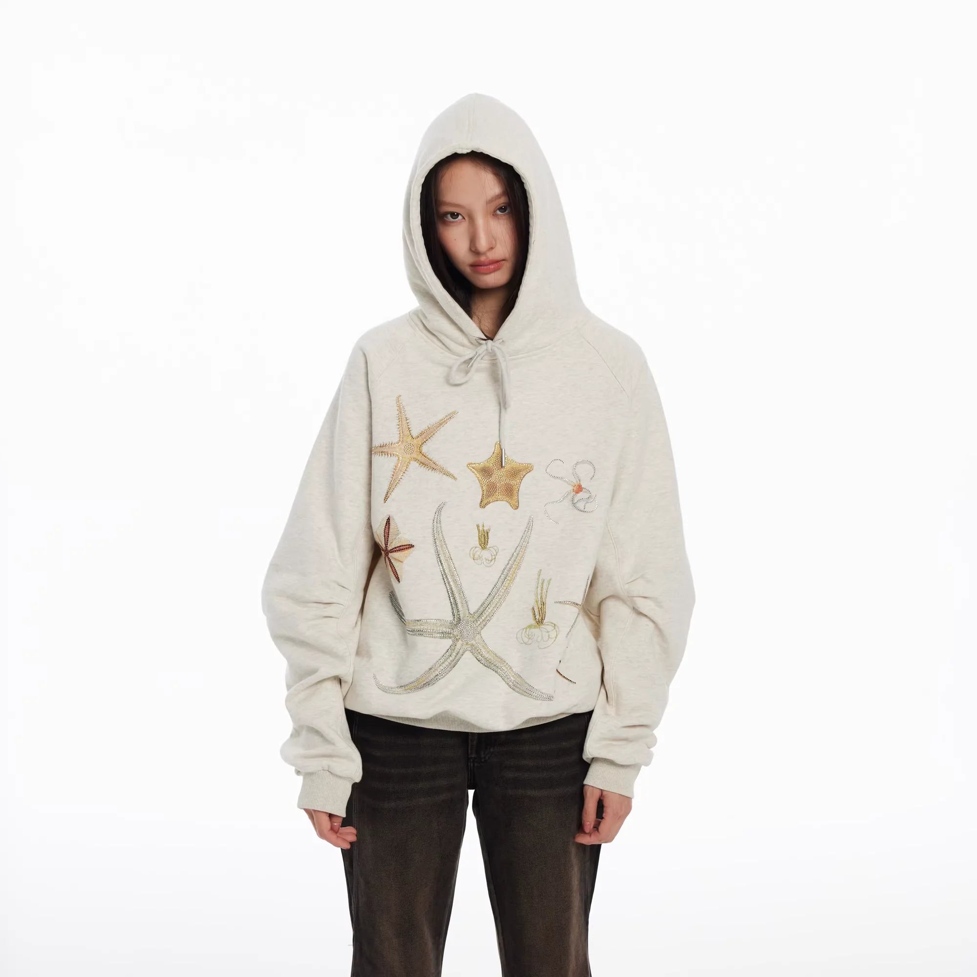 THELIGHT OFFICIAL Oversized Fleece Hoodie with Embroidered Sea-Themed Design