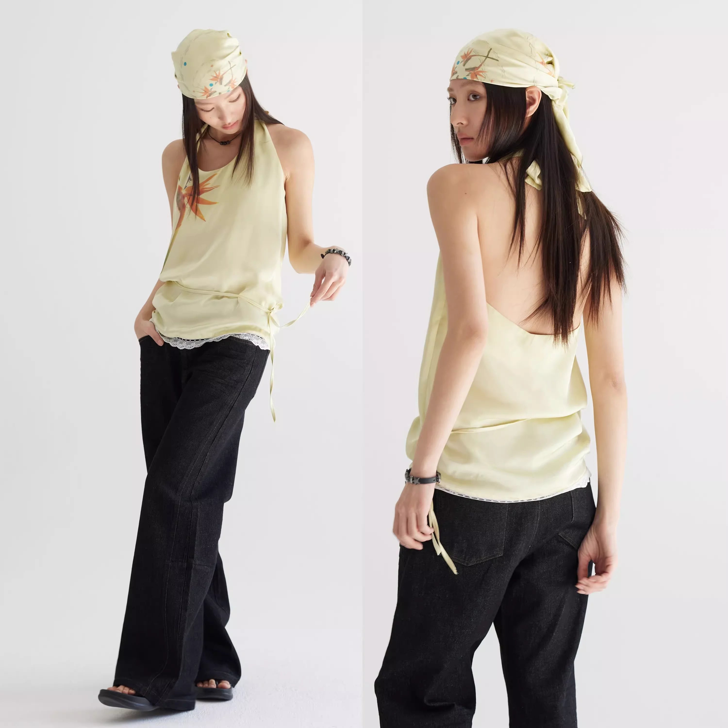 THELIGHT OFFICIAL Floral Lace Trim Halter Backless Camisole