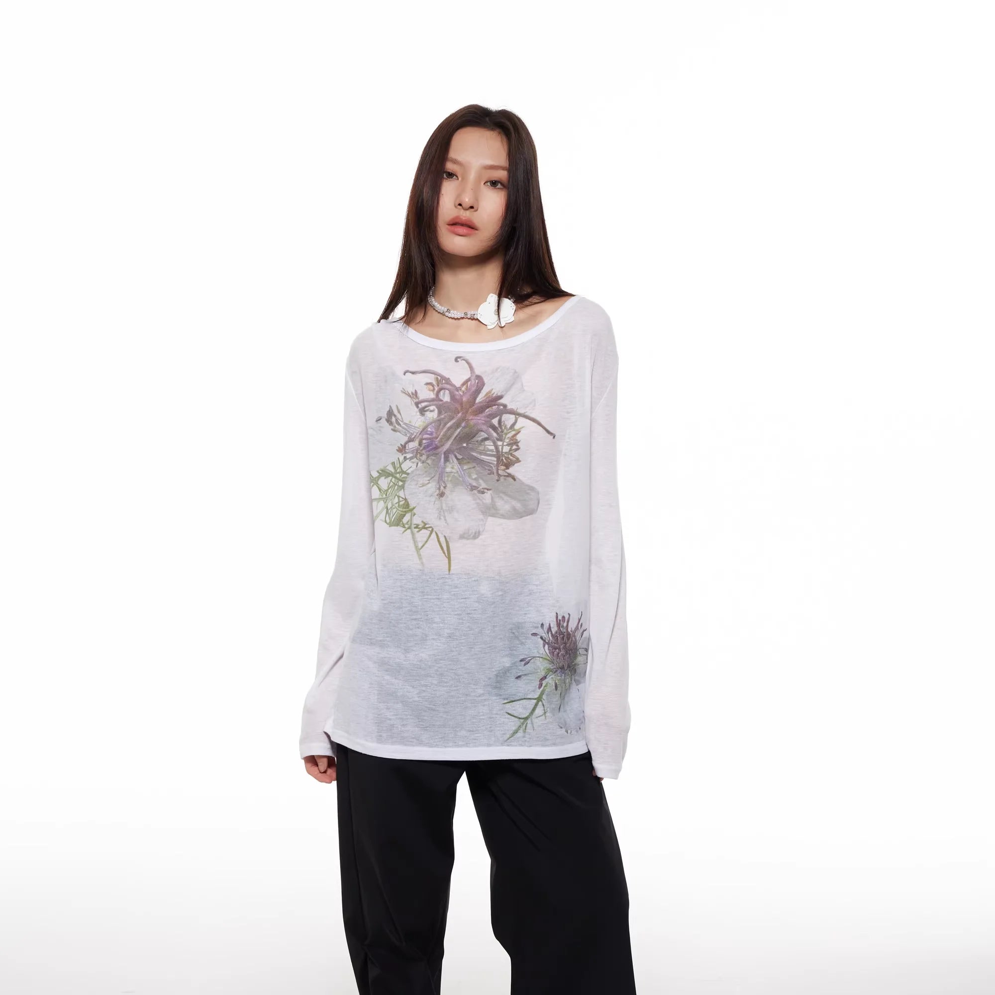 THELIGHT OFFICIAL Off-Shoulder White Floral Long Sleeve T-Shirt for Women