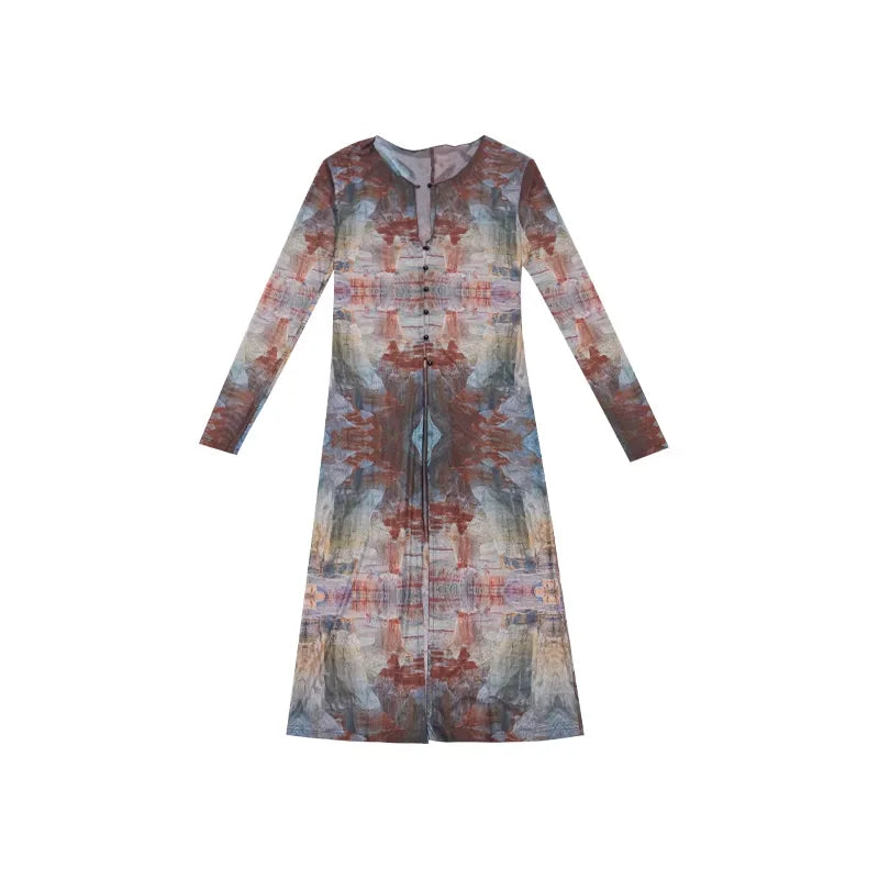 THELIGHT OFFICIAL Vintage Print Mesh Long Cardigan with Slit for Women