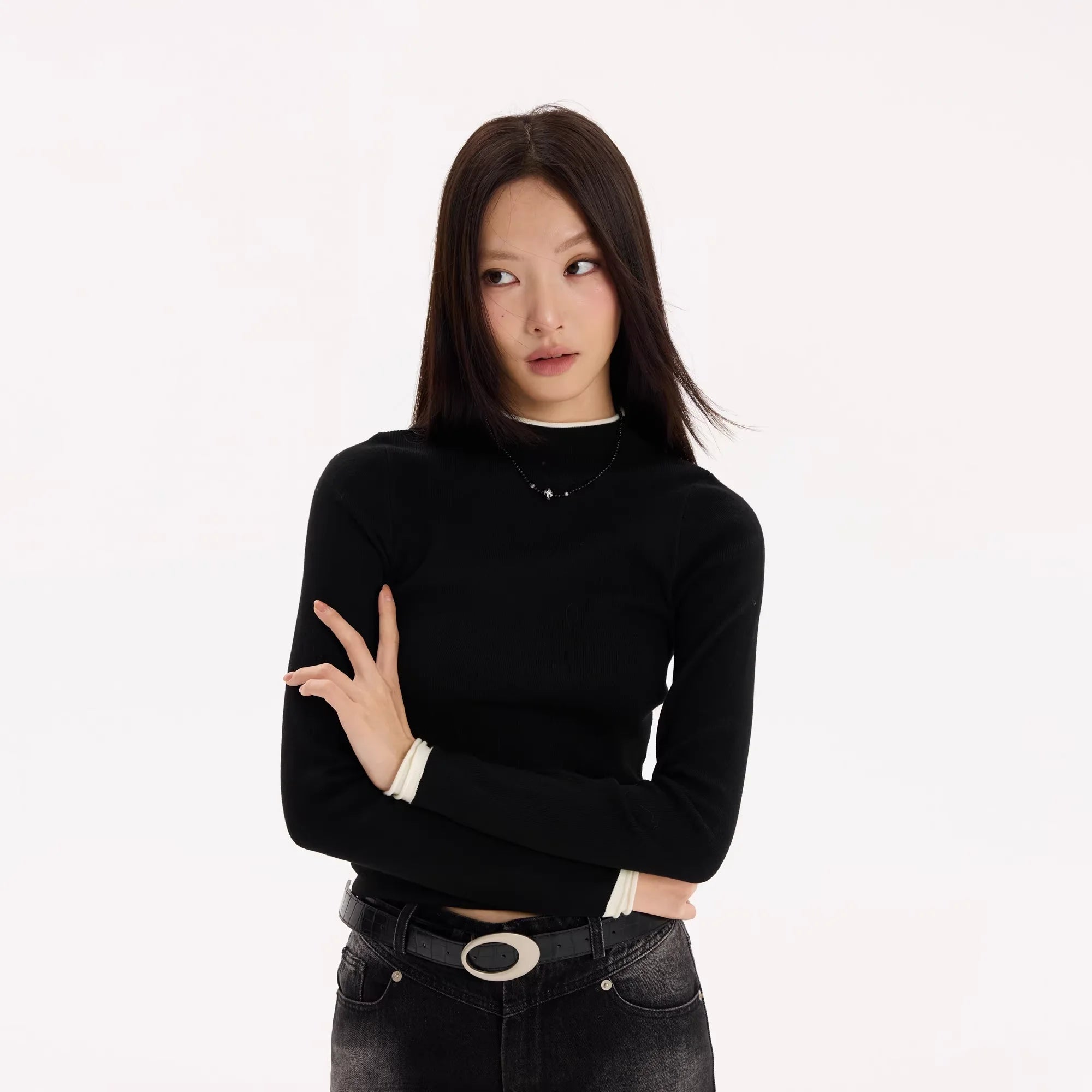 THELIGHT OFFICIAL Retro Colorblock Mock Neck Layered Knit Sweater - Women's Long Sleeve Commuter Style