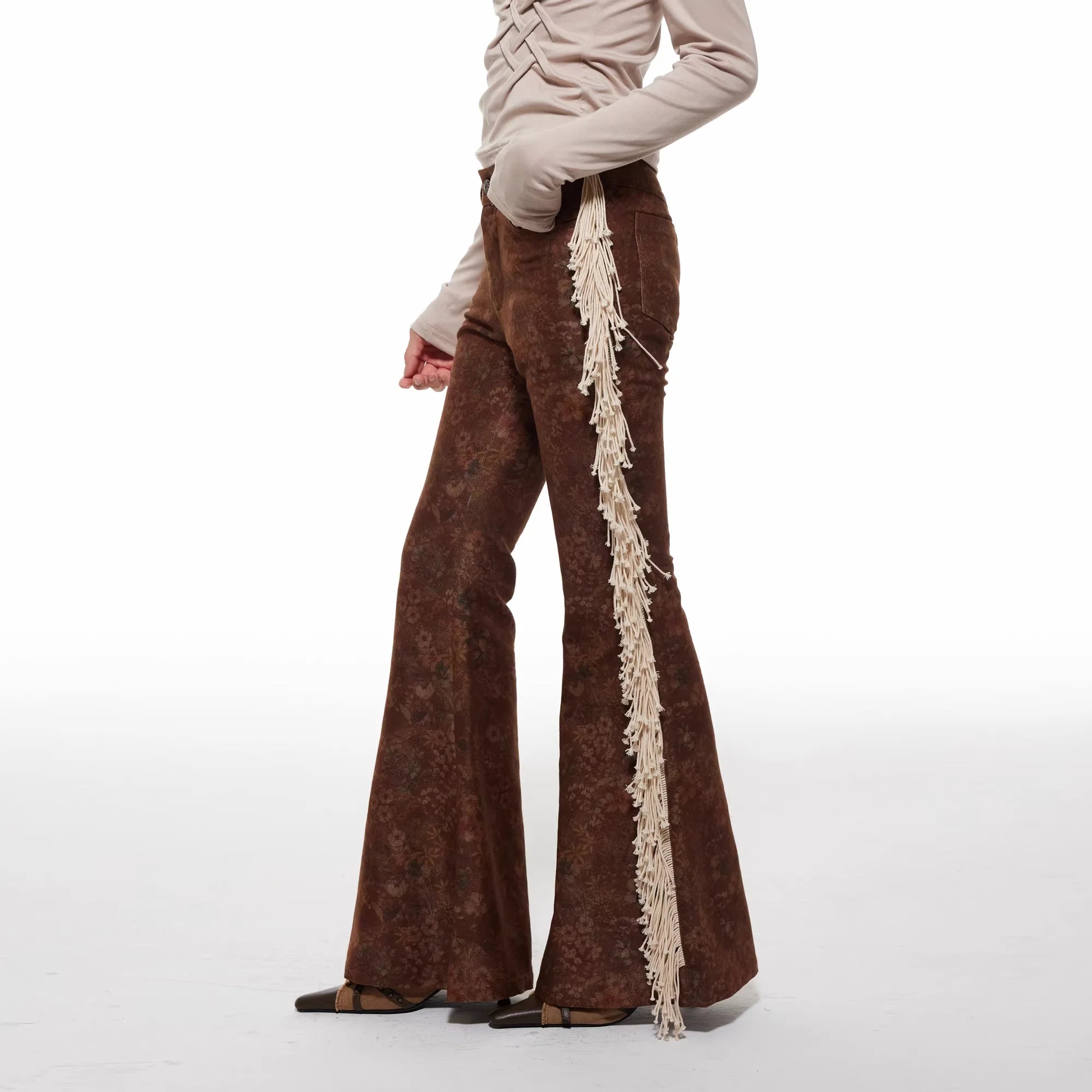 THELIGHT OFFICIAL Brown Floral Flared Pants with Fringe Detail for Women