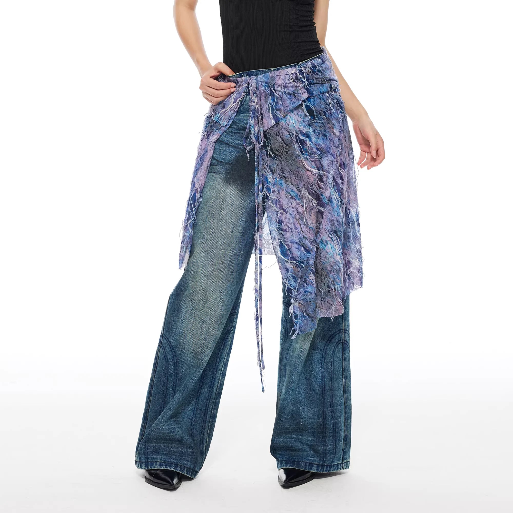 THELIGHT OFFICIAL Women's Layered Apron Skirt with Mesh Overlay and Asymmetric Design