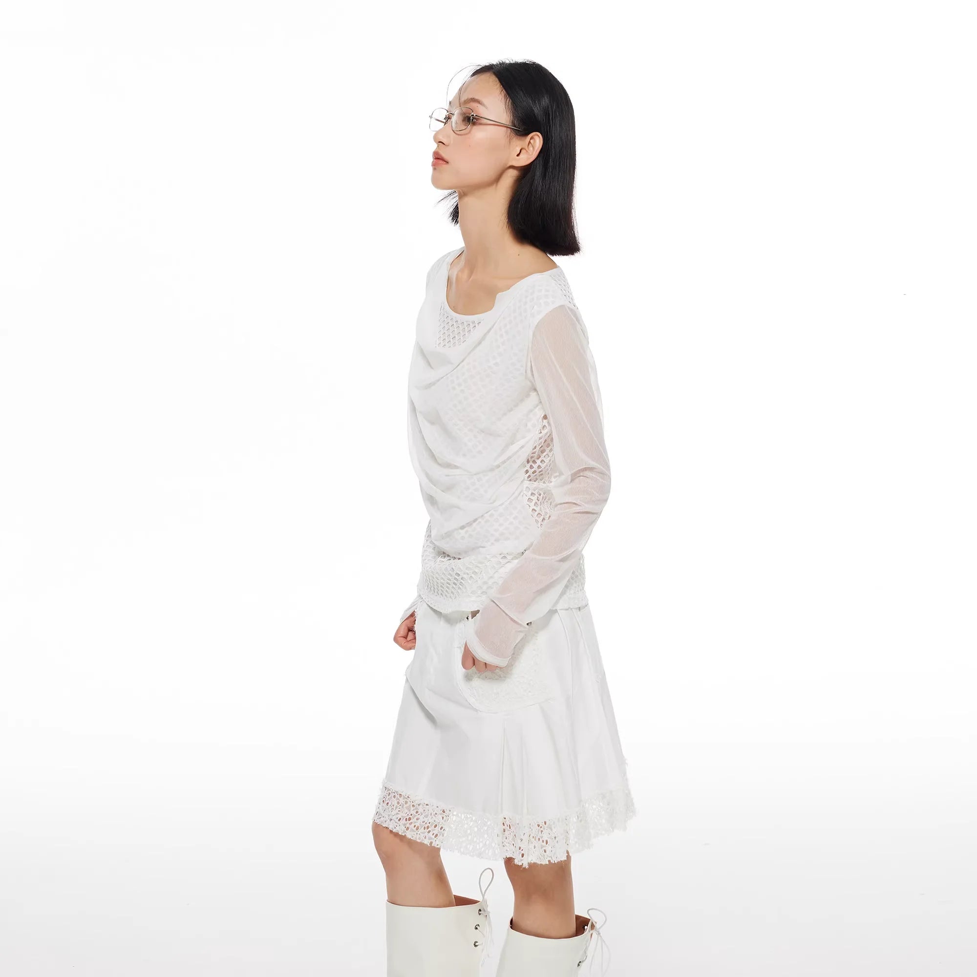 THELIGHT OFFICIAL Women's Sheer Mesh Layered Ruched Sun Protection T-Shirt