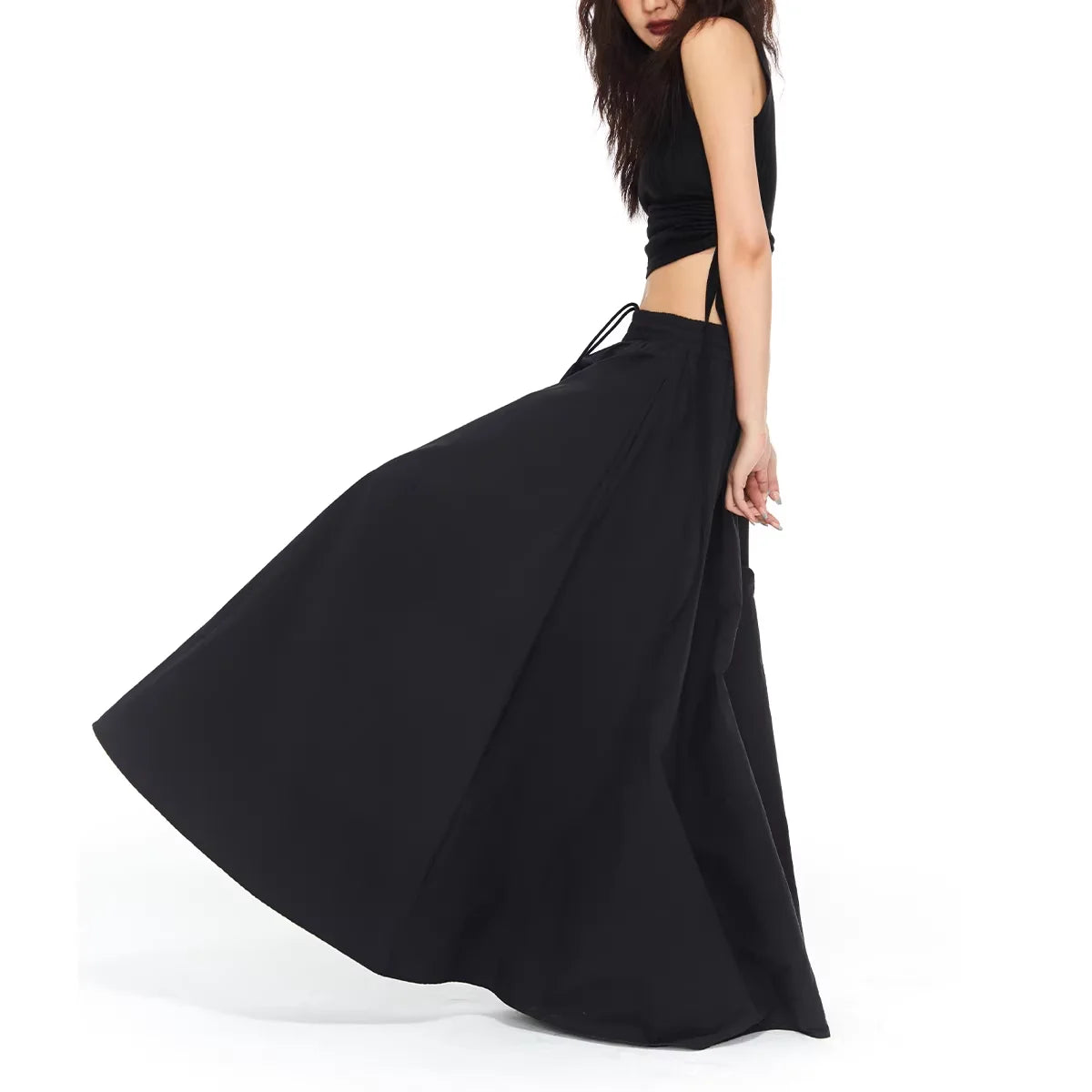 THELIGHT OFFICIAL Elegant Black A-Line Maxi Skirt with Floor-Length Umbrella Silhouette