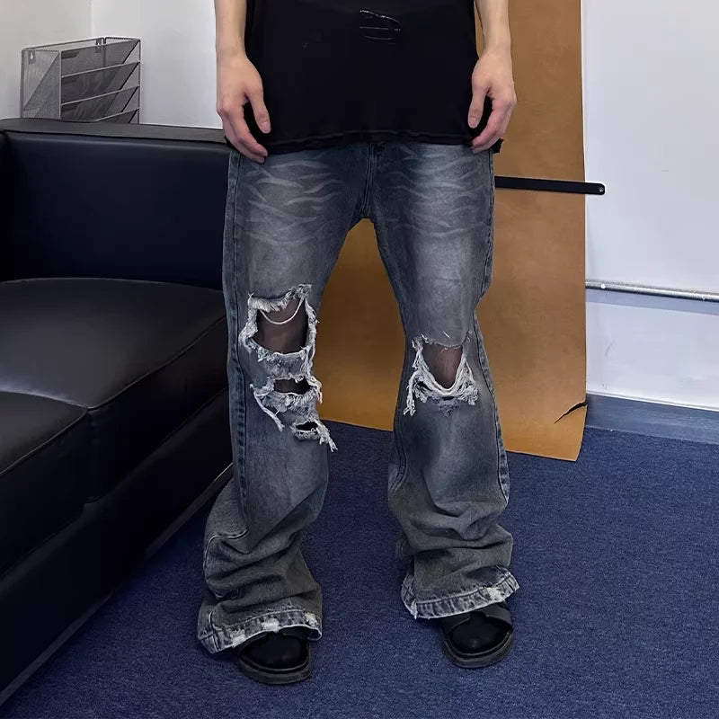 TRIANGLE PROJECT Men's Distressed Flared Jeans with Knee Rips