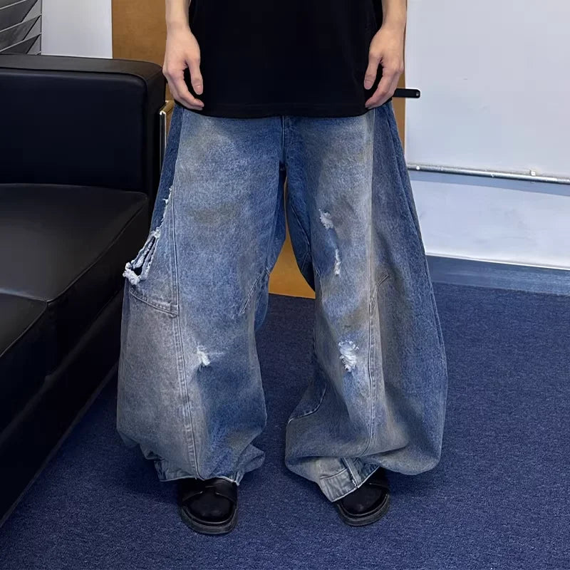 TRIANGLE PROJECT Oversized Distressed Patchwork Denim Jeans