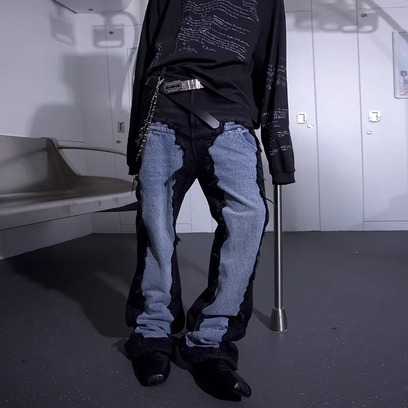 TRIANGLE PROJECT Black and Blue Patchwork Distressed Flared Denim Pants