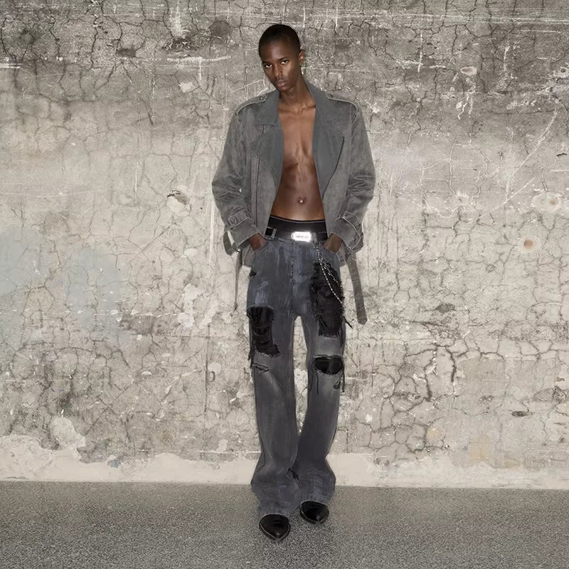 TRIANGLE PROJECT Mud-Dyed Distressed Flared Floor-Length Jeans