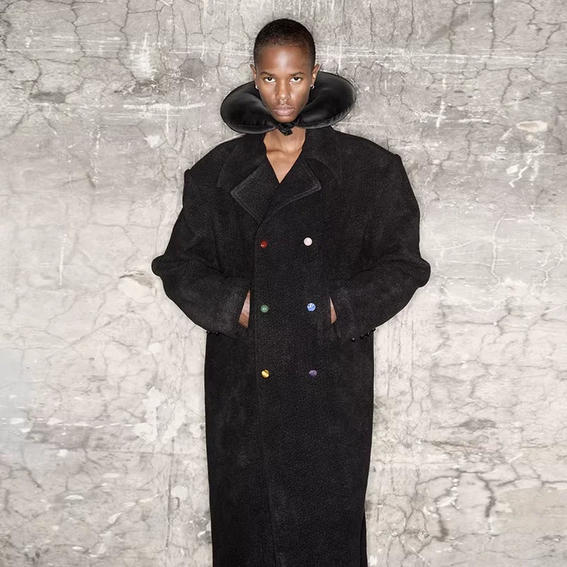 TRIANGLE PROJECT Men's Long Wool Coat with Colorful Button Detail
