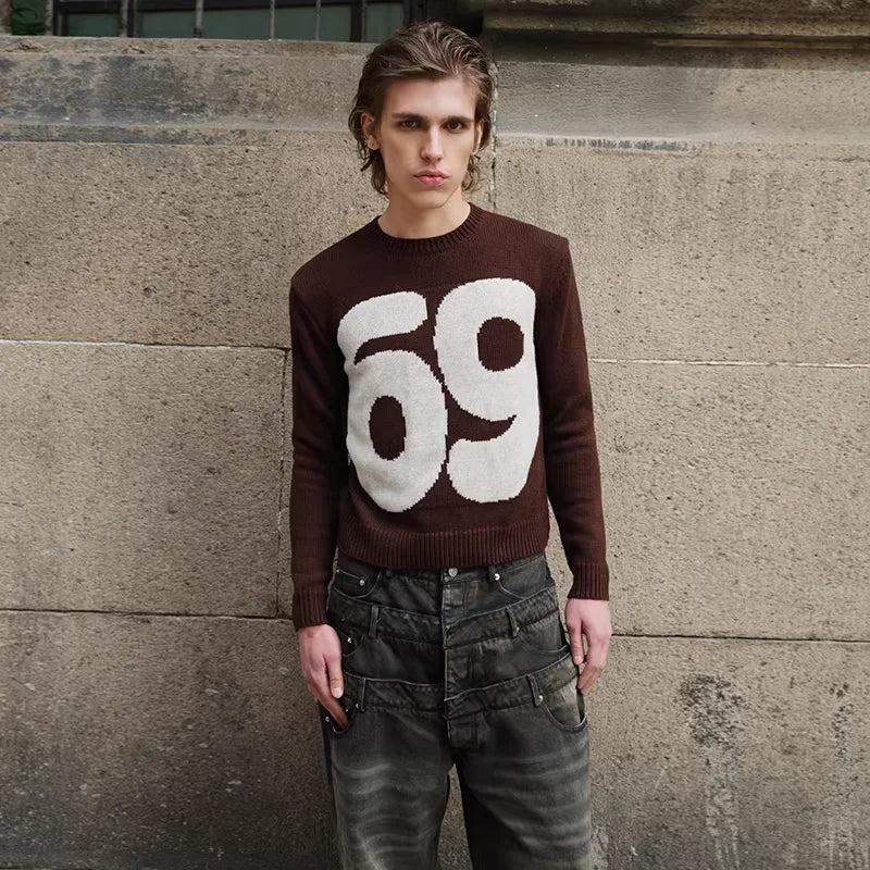 TRIANGLE PROJECT Vintage Knit Crew Neck Pullover Sweater with Bold Number Graphic