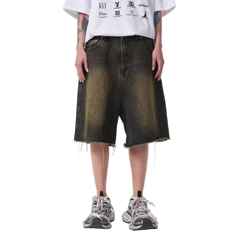 TRIANGLE PROJECT Washed Distressed Loose Denim Shorts
