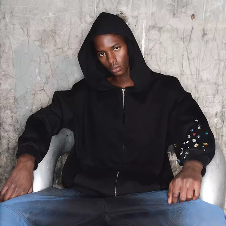 TRIANGLE PROJECT Unisex Loose Fit Zip Hoodie with Gem Embellishments