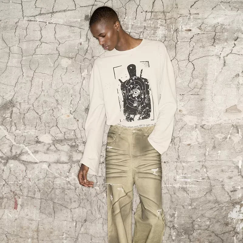 TRIANGLE PROJECT Distressed Waffle Knit Crewneck with Graphic Print