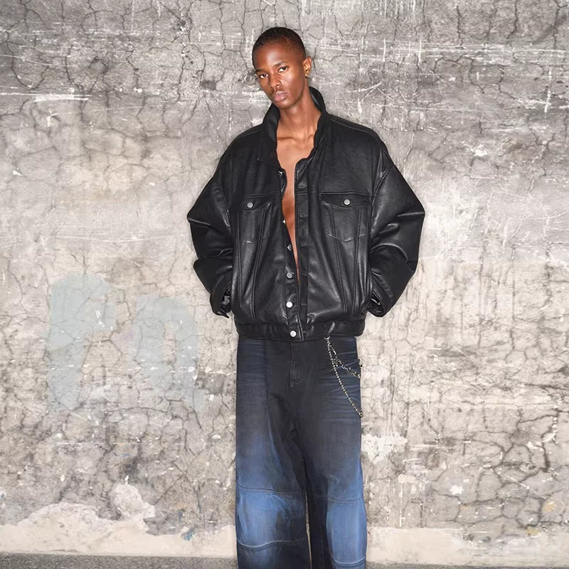 TRIANGLE PROJECT Men's Oversized Faux Leather Jacket with Chest Pockets