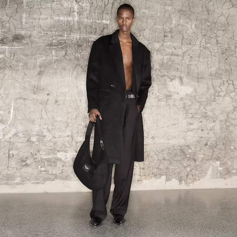 TRIANGLE PROJECT Men's Long Wool Coat with Metal Clasp and Padded Shoulders