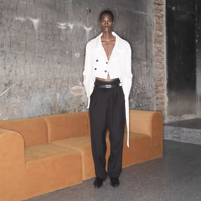 TRIANGLE PROJECT Unisex Mid-Rise Distressed Straight-Leg Suit Pants