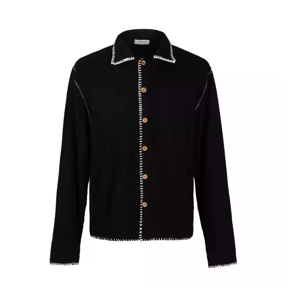 VLABMADE Textured Knit Cardigan with Contrast Stitching and Wooden Buttons