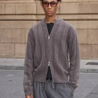 VLABMADE Retro Jacquard Wool Blend Zip-Up Polo Sweater