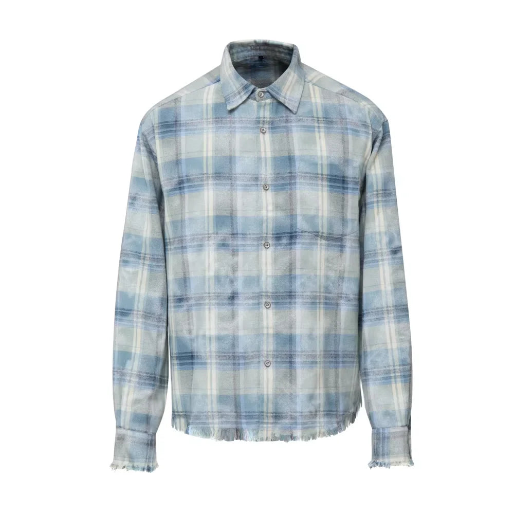 VLABMADE Blue and White Plaid Distressed Long Sleeve Shirt