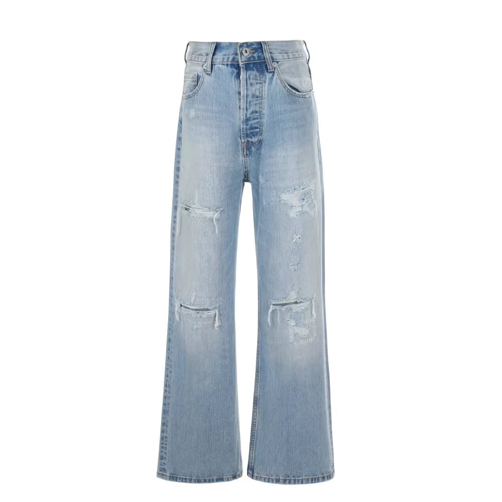VLABMADE Men's Distressed Light Blue Wide-Leg Jeans