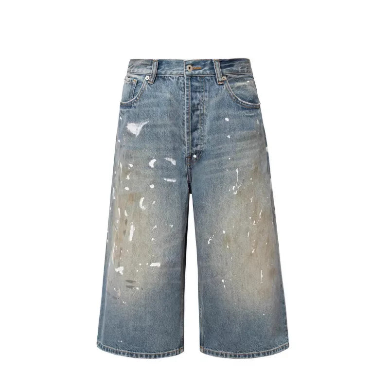 VLABMADE Distressed Splatter Wide-Leg Cropped Denim Shorts