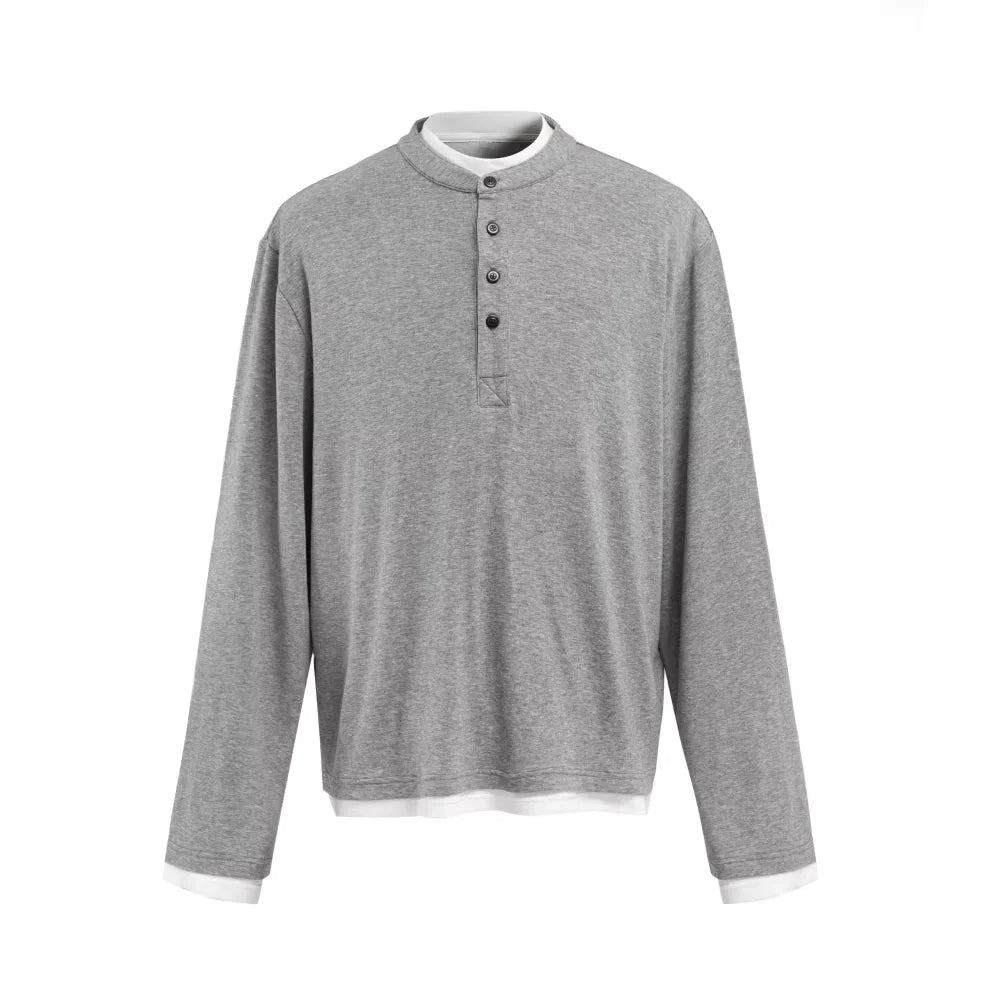 VLABMADE Men's Tencel Wool Layered Henley Shirt with Contrast Trim