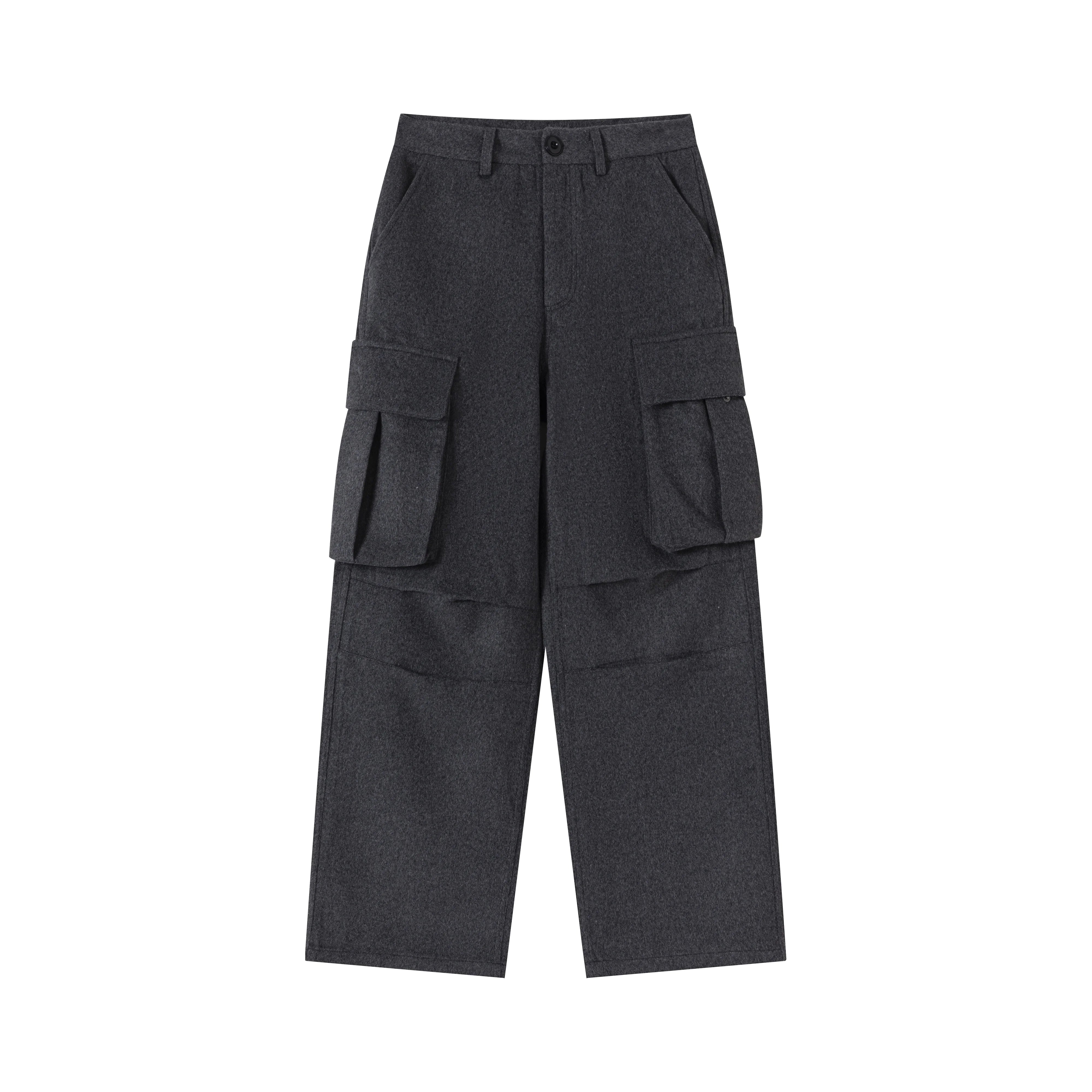 VLABMADE Dark Gray Wool Blend Cargo Pants with 3D Pockets and Pleated Knees