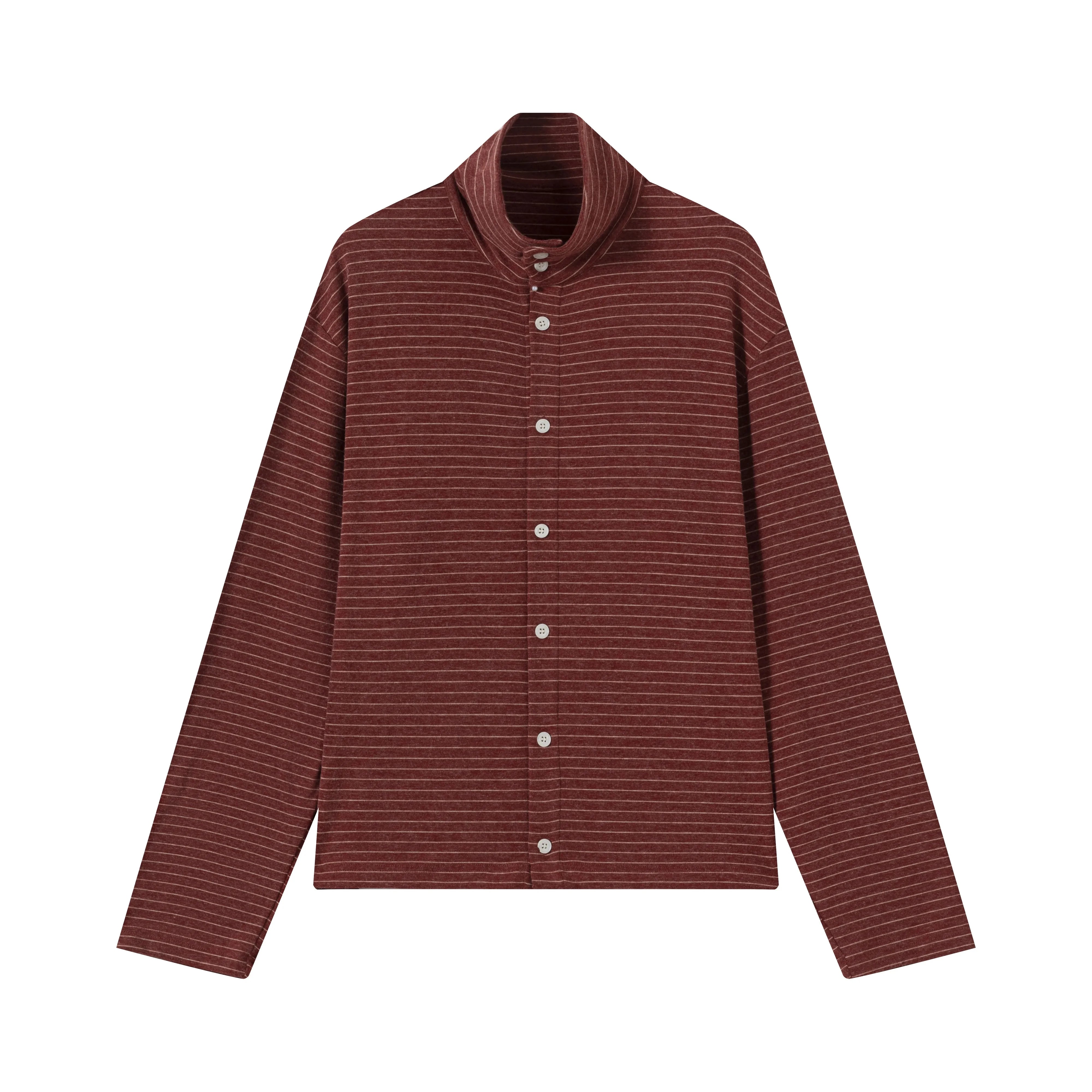 VLABMADE Men's Striped Wool Tencel Button-Up Turtleneck Cardigan