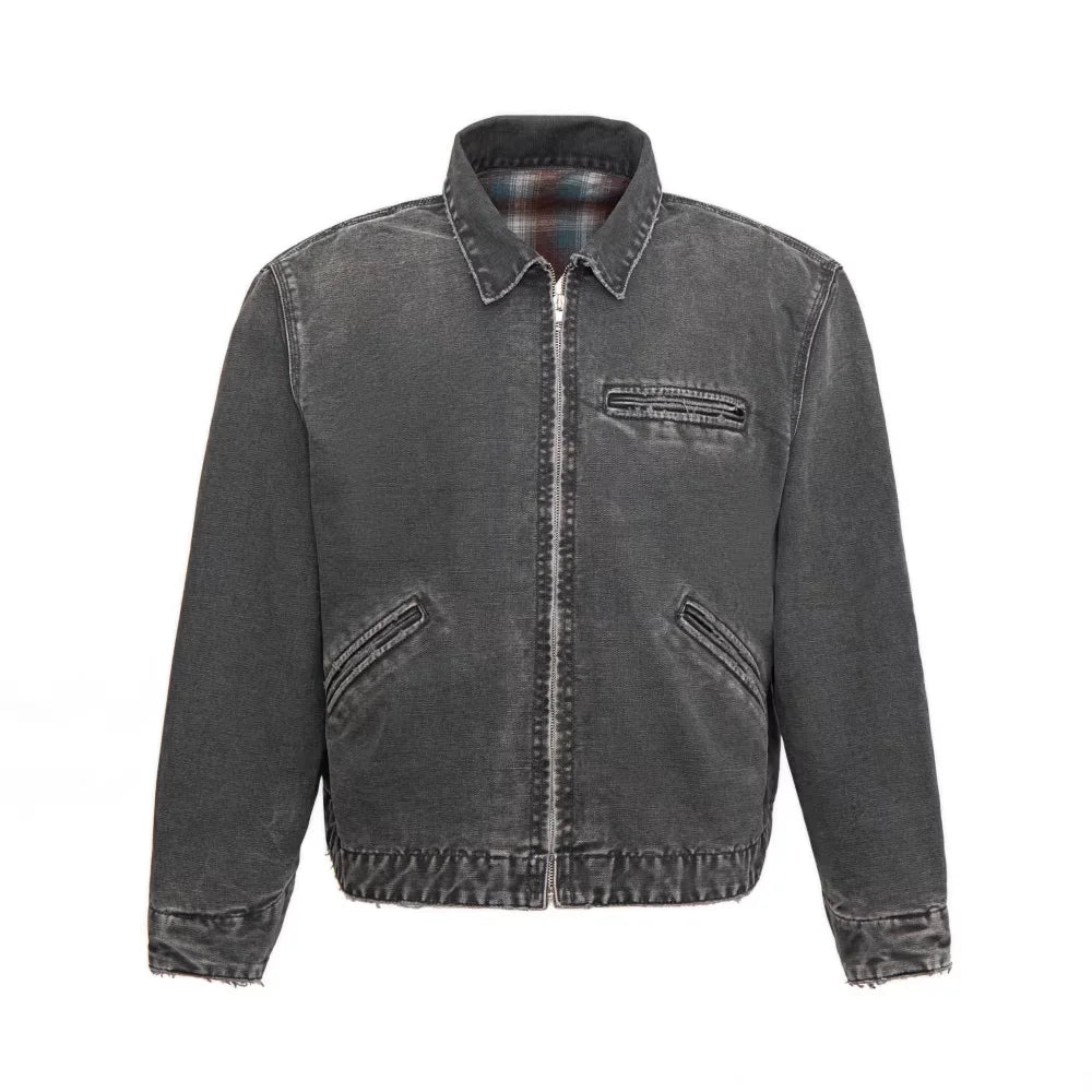 VLABMADE Wool Plaid Lined Distressed Cotton Zip-Up Jacket